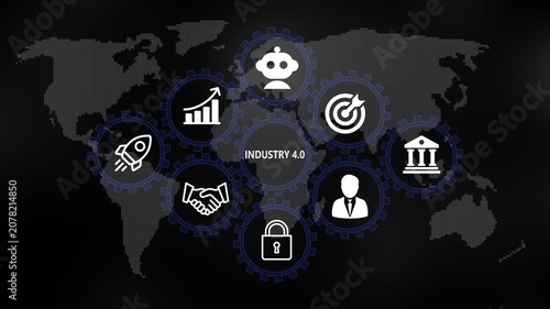 Industry 4.0 for Business and Finance Concept. Rotating gear mechanism process settings icon animation. Technology, Internet and network concept on world background. 4k video