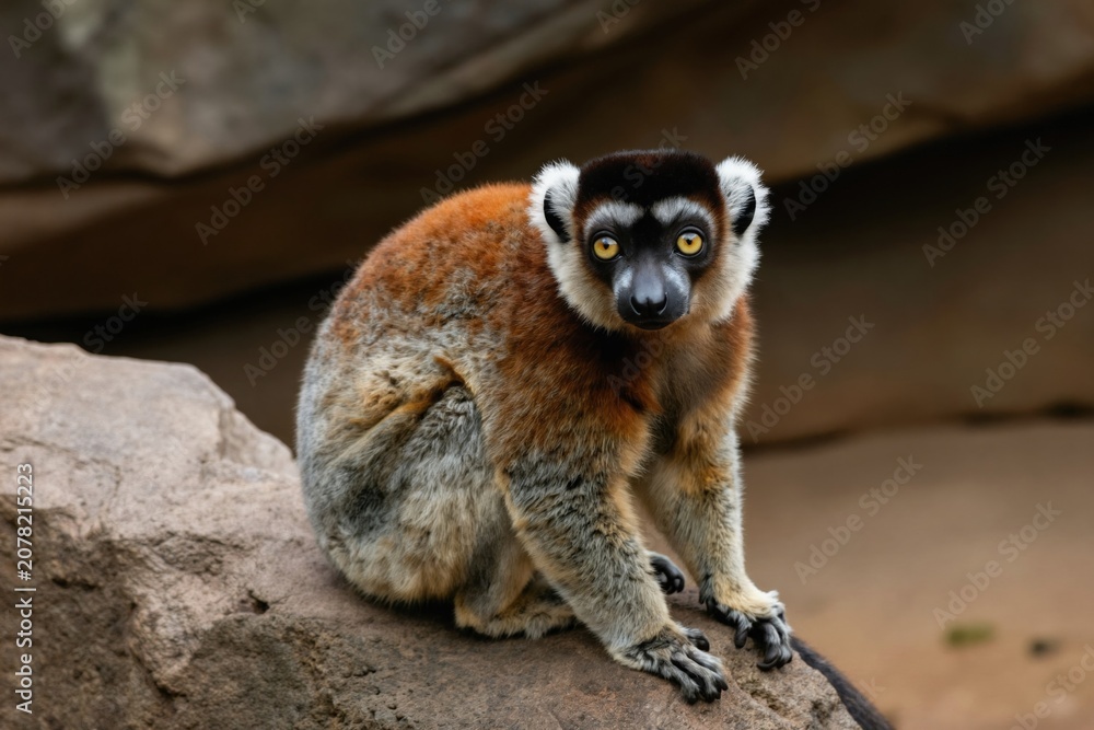 Fototapeta premium Crowned lemur sits on rock. Reddish brown fur with grey underbelly. Black face with white ear tufts. Large yellow eyes stare forward. Native to Madagascar Africa.