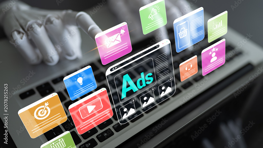 Fototapeta premium Digital Marketing Concepts with Advertisements and Online Interaction Symbols on Laptop with AI Hand Gestures Promoting E-Commerce Growth Strategies Fluxor.