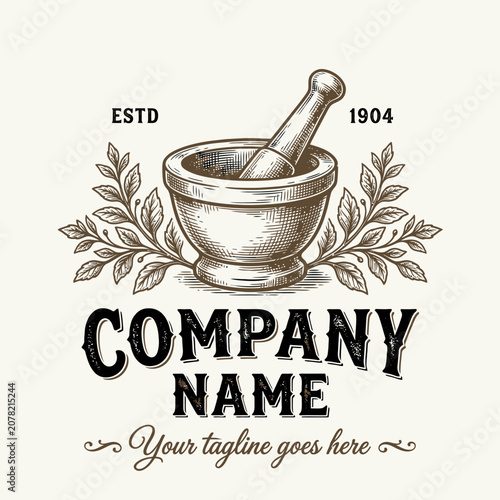 Vintage apothecary mortar and pestle herbal logo.
