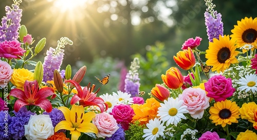 Colorful Flower Garden Blooming with Vibrant Sunflowers and Tulips in Bright Sunlight.
