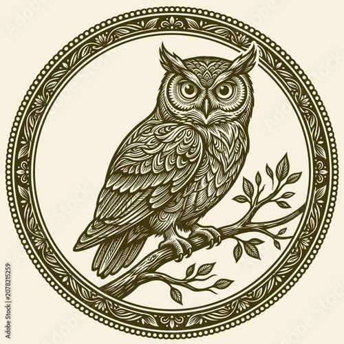 Detailed vintage owl engraving inside ornate circular border frame.