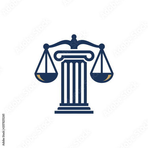 Minimalist blue scales of justice and pillar logo icon.