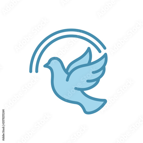 Blue dove bird flying icon with circular arc.