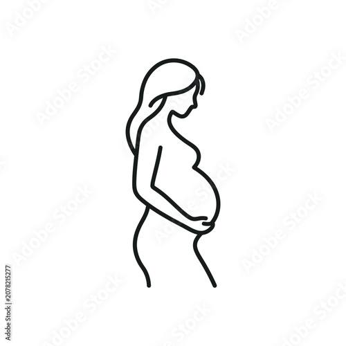 Pregnant woman silhouette line art icon.