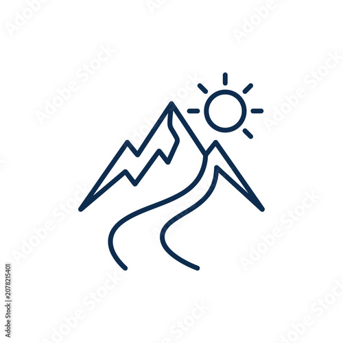 Abstract mountain line art with sun and path.