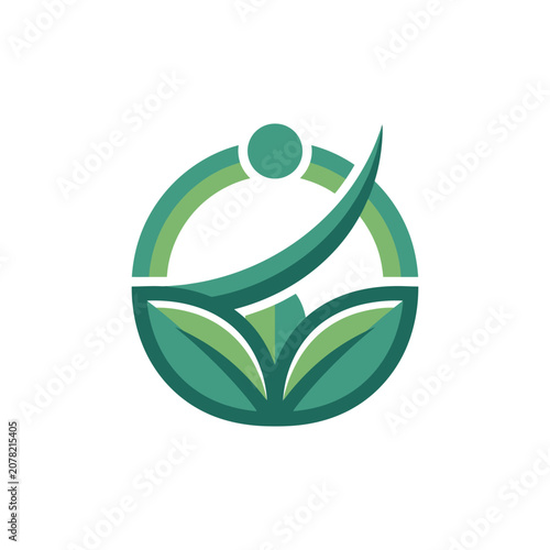 Circular logo with human figure and green leaves.