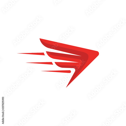 Red stylized wing and arrow speed icon.