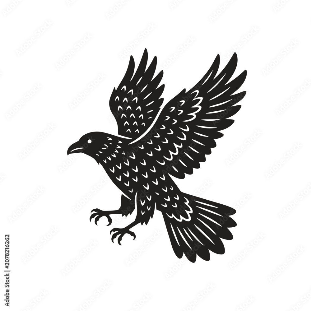 Fototapeta premium Black raven flying bird wing logo icon.