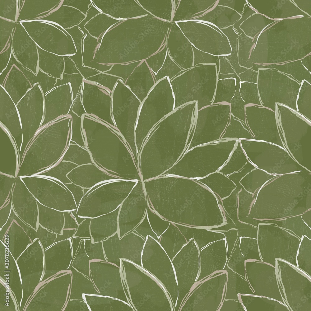 Fototapeta premium Hand drawn leaves on green background. Abstract leaves seamless pattern