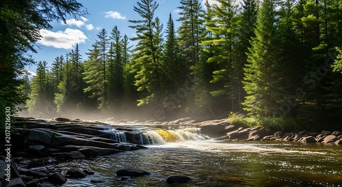 Serene Forest River Scene with Tall Pine Trees and Flowing Water.