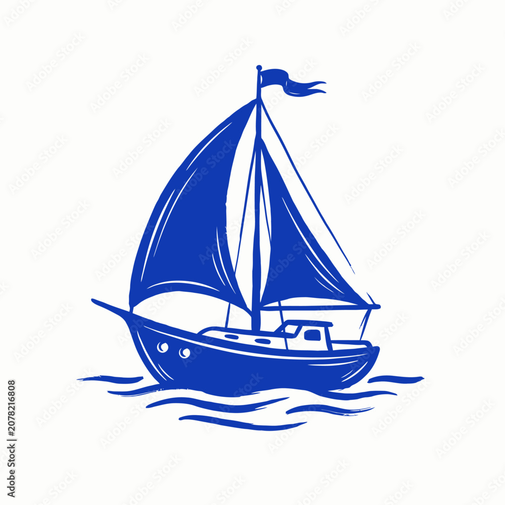 Fototapeta premium Blue sailboat sailing on ocean waves