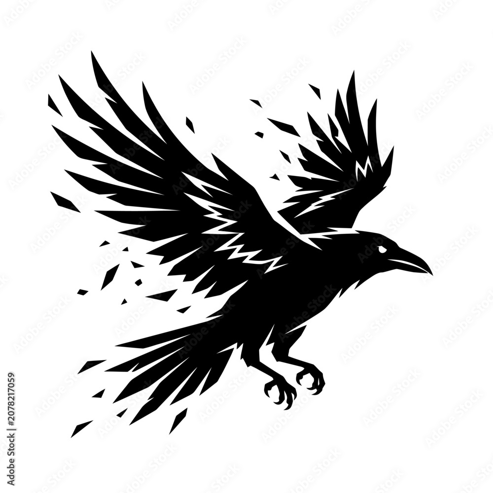 Fototapeta premium Dynamic black crow logo with digital disintegration effect.