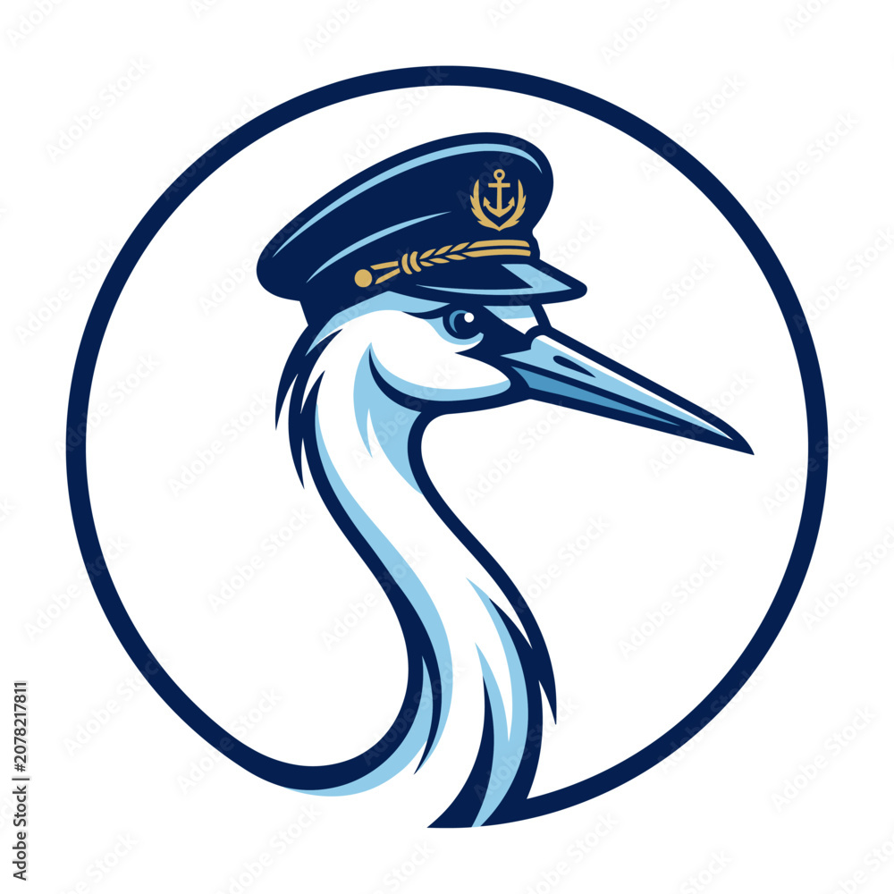 Fototapeta premium Crane bird wearing sailor hat in circular emblem.