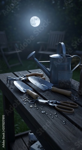 Nighttime Moonlit Scene with Gardening Tools and Watering Can.