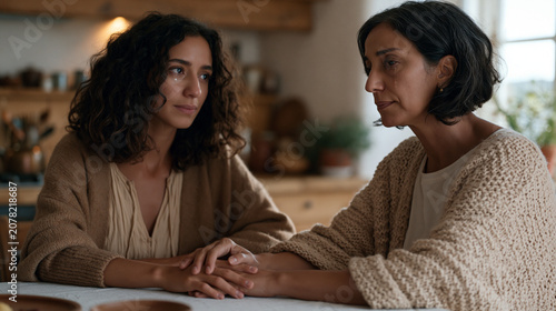 Iranian mother and adult daughter sit across from each other at a modest dining table, hands touching, both with wet eyes, a long silence being broken, apology and forgiveness