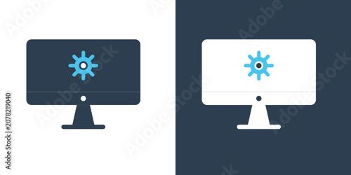 Computer desktop display with settings gear wheel icon for technical support configuration system optimization vector set