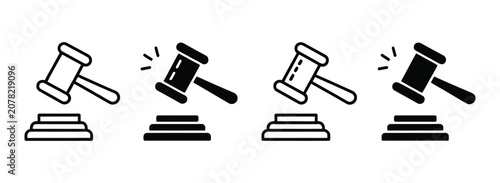 Schilderij op canvas Judge gavel icon set, filled and outline auction hammer symbols, justice court law and legal authority icons for professional design