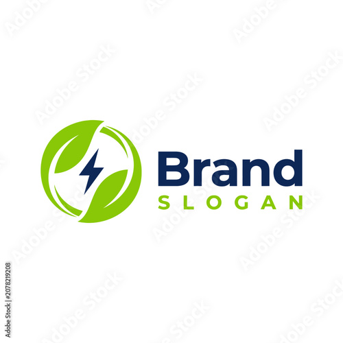 Green leaf and lightning bolt eco logo.