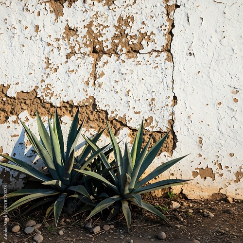 Desert Plant Growing Against Weathered Wall Surface.
