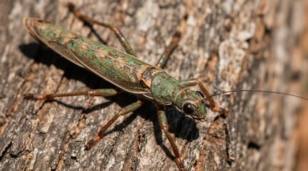 Close-up stick insect perfectly mimics tree bark texture. Green brown insect rests on wood surface displaying amazing camouflage skills. Wildlife macro photo shows nature disguise in action, blending
