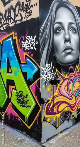 Urban Graffiti Art Mural Featuring Female Portrait and Colorful Designs.
