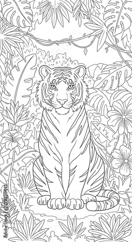 Majestic Tiger Sitting Calmly in Jungle Environment Coloring Page.