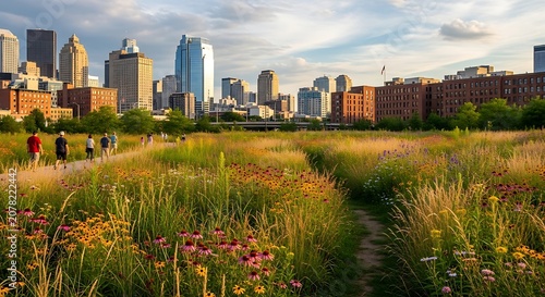 City Skyline with Green Park and Nature Scene.