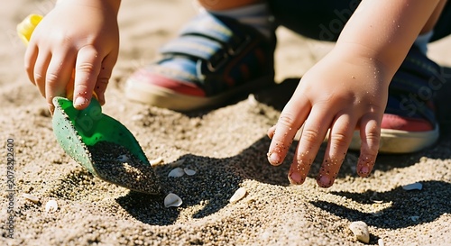 Children Playing and Digging in Sand at Beach.