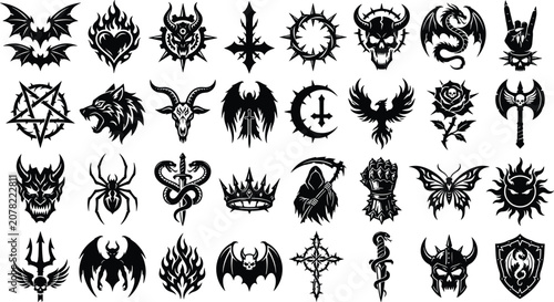 Dark Gothic Symbol Icon Set with Demon, Skull, Bat, Dragon, and Occult Signs for Tattoo and Horror Designs