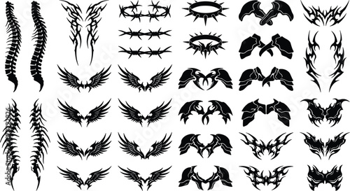 Dark Gothic Wing and Claw Silhouette Set with Demon Wings, Thorns, and Tribal Elements for Tattoo and Horror Designs