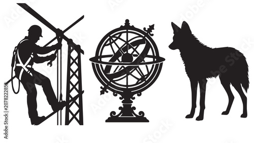 Silhouette icons of a construction worker, an armillary sphere and a standing wolf Vector
