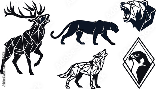 Geometric Wild Animal Icon Set with Deer, Panther, Wolf, Bear, and Diamond Frame for Modern Logo and Tattoo Designs