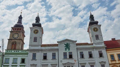 HRADEC KRALOVE, CZECH REPUBLIC - JUNE 13 2019: White Tower (Bila vez) and Hotel Vacek Under The Tower. Hradec Kralove in Czech Republic