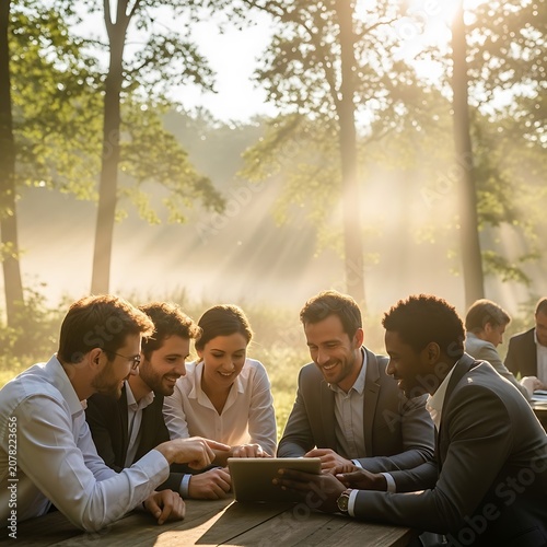 Business Meeting Outdoors in Natural Setting with Team Collaboration.