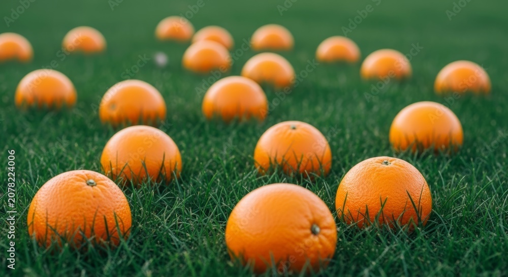Fototapeta premium Fresh Oranges Scattered on Green Grass in Soft Sunlight - Vibrant Nature and Healthy Lifestyle