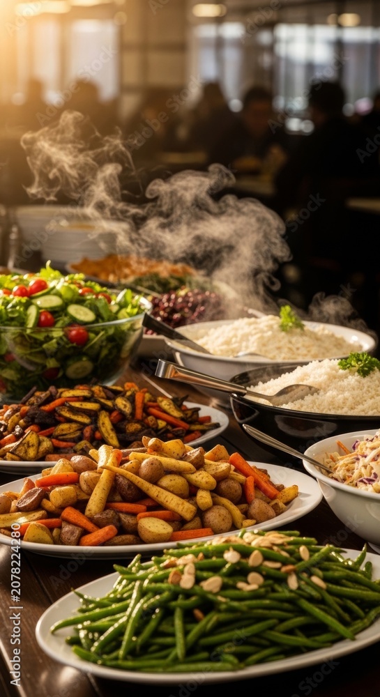 Obraz premium Buffet spread of fresh side dishes including salads, roasted vegetables, and rice in a warm, inviting cafeteria setting