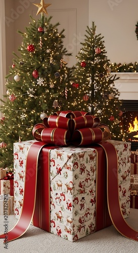 Festive Christmas Trees with Gift Boxes and Decorations.