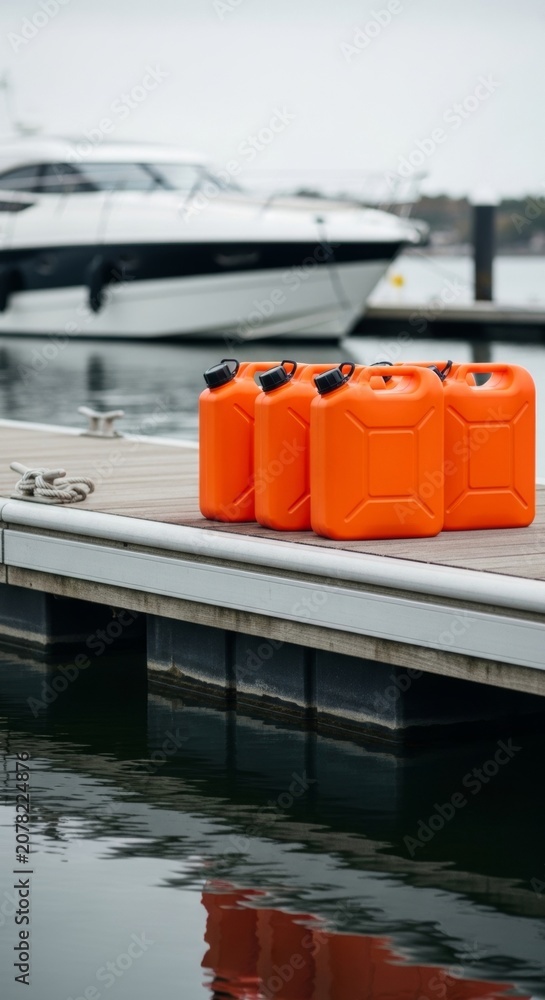 Fototapeta premium Orange Fuel Jerrycans on Dock with Yacht and Water Reflections, Commercial Design
