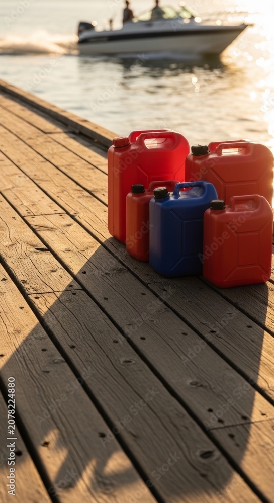Fototapeta premium Plastic fuel cans on wooden pier with boat in background at sunset, boating adventure concept