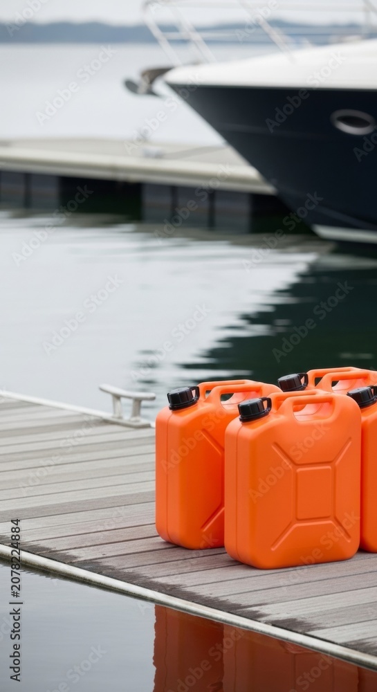 Fototapeta premium Bright orange fuel canisters lined up on a wooden pier with a modern yacht in the background