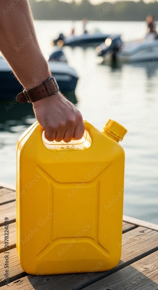 Fototapeta premium Yellow jerrycan held by hand on wooden pier at golden hour with boats on water