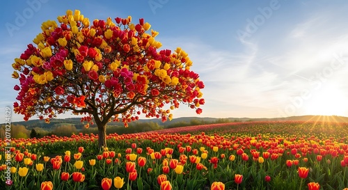 Colorful Tulip and Flower Tree in Bloom Landscape Scene.