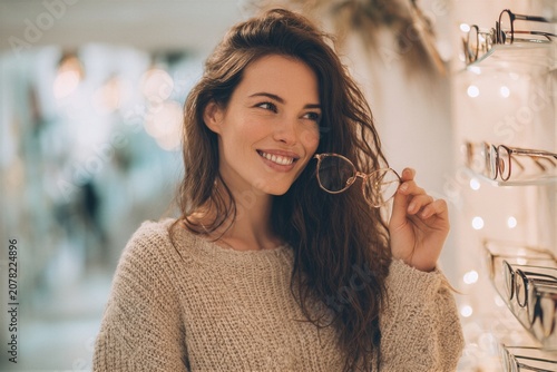 Smiling woman examines eyeglasses in a shop with bright lighting and beautiful displays
