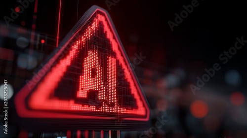 Red alert sign shows risk in artificial intelligence control system with AI alignment issues