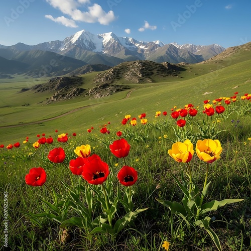 Vivid Wildflowers Blooming in Mountain Valley Landscape.