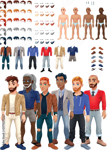 Fotografie Cartoon Character Creator Kit with Male Avatars Clothing Hairstyles and Customiz