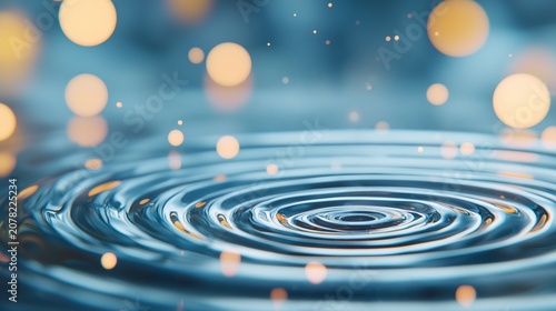 Water ripple surface with golden bokeh lights on blue background
