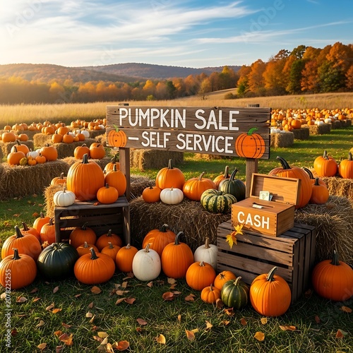 Pumpkin Sale Self Service Autumn Farm Market Scene.