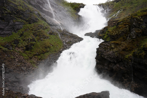 Kjosfossen is an impressive waterfall in Norway visible on the train journey between Flam and Myrdal